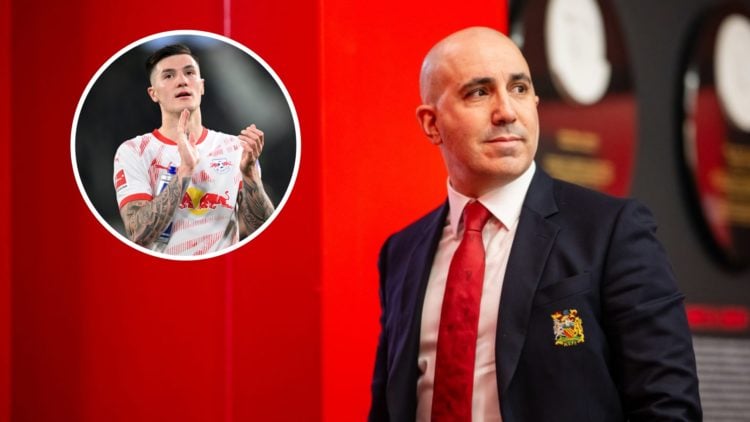 Manchester United CEO Omar Berrada at Old Trafford, inset of RB Leipzig's Benjamin Sesko.