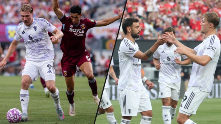 Rasmus Hojlund vs West Ham during the Premier League Summer Series match, inset the Manchester United striker with Bruno Fernandes.