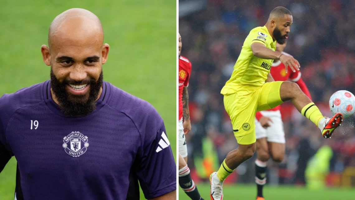 Manchester United forward Bryan Mbeumo in training, split image of Mbeumo playing for Brentford at Old Trafford.