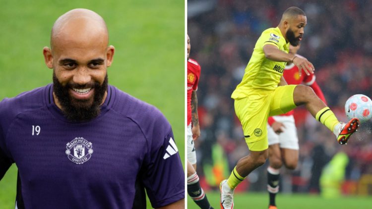 Manchester United forward Bryan Mbeumo in training, split image of Mbeumo playing for Brentford at Old Trafford.