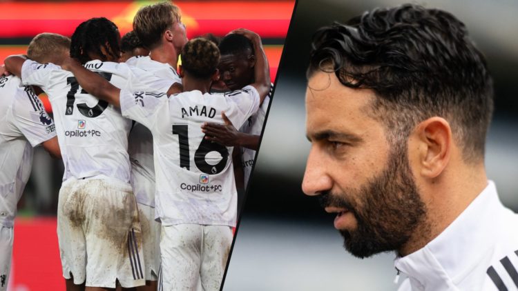 Manchester United midfielder Bruno Fernandes after scoring vs West Ham United, inset a photo of Ruben Amorim.