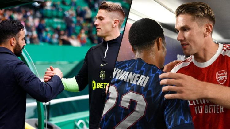 Viktor Gyokeres ahead of the Arsenal and Newcastle United match, inset Manchester United manager Ruben Amorim with the former Sporting CP striker.