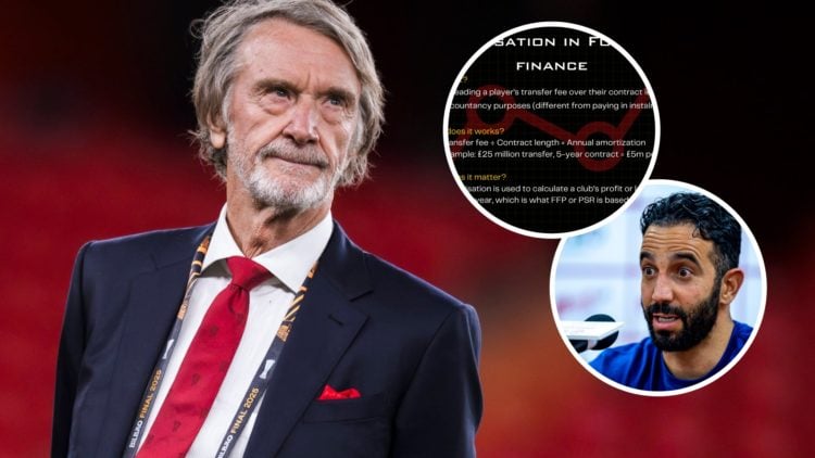 Manchester United co-owner Sir Jim Ratcliffe looks on, inset of head coach Ruben Amorim and PSR explainer.