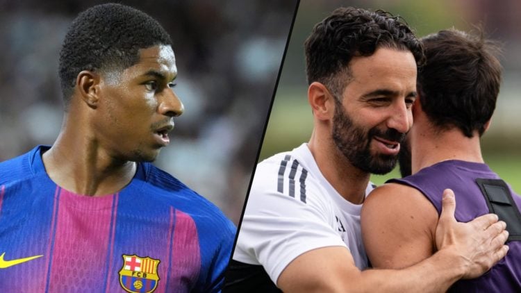 Manchester United loanee Marcus Rashford playing for Barcelona, inset Ruben Amorim with Bruno Fernandes in training.