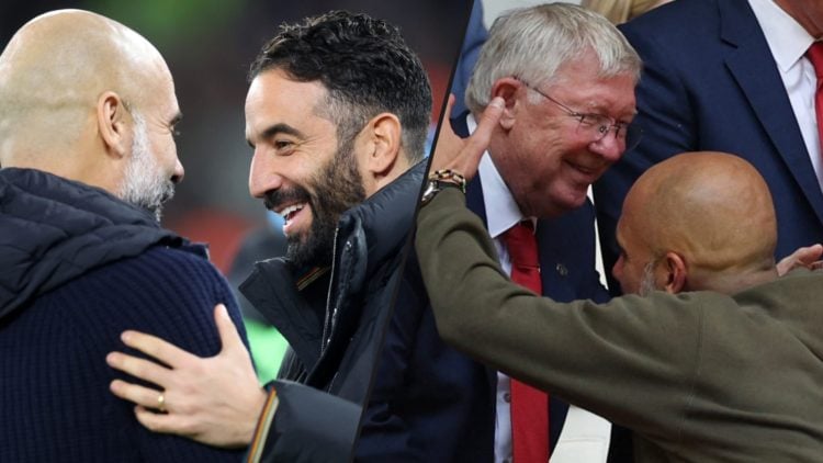 Manchester United manager Ruben Amorim with Pep Guardiola, inset the Manchester City head coach with Red Devils icon Sir Alex Ferguson.