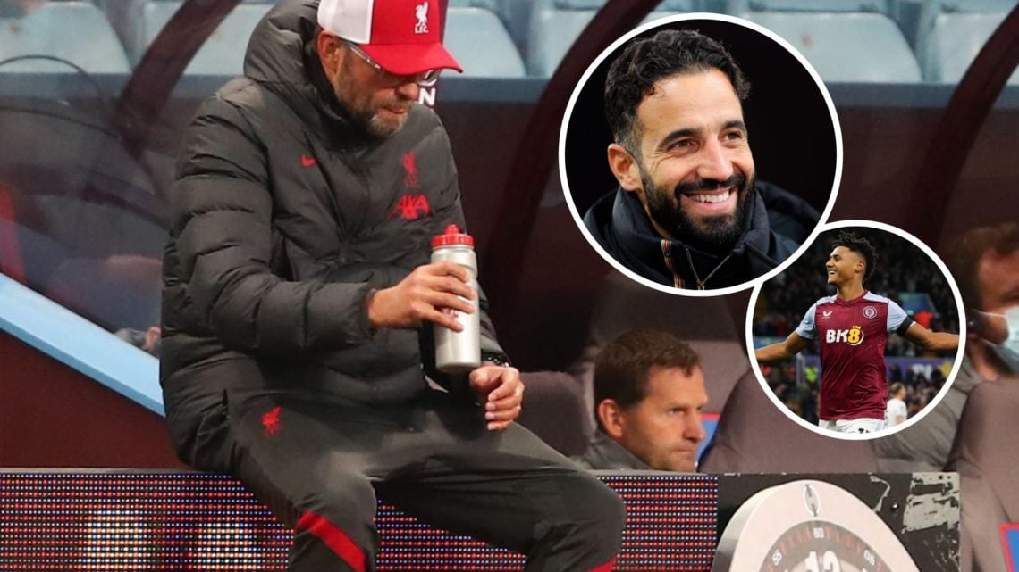 Liverpool manager Jurgen Klopp sits deflated, inset of Manchester United head coach Ruben Amorim and Aston Villa striker Ollie Watkins.