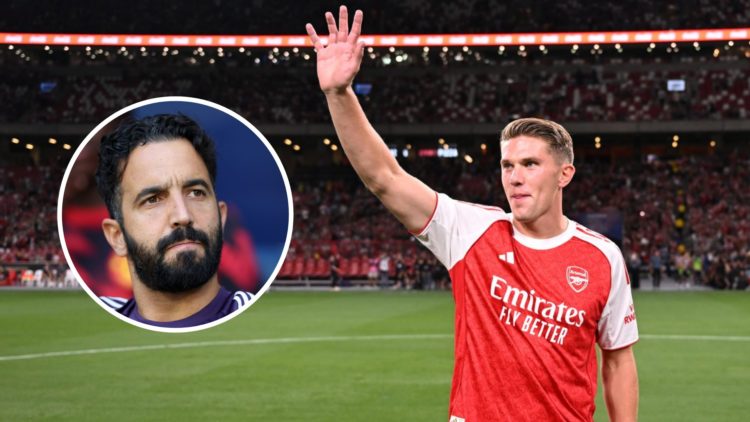 Arsenal striker Viktor Gyokeres being unveiled, inset of Manchester United head coach Ruben Amorim.