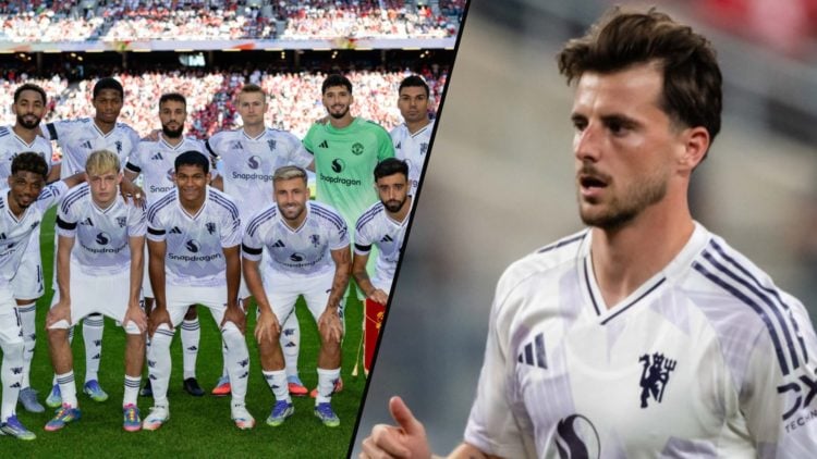 Mason Mount in action during the Premier League Summer Series match vs West Ham, inset a photo of Manchester United players.