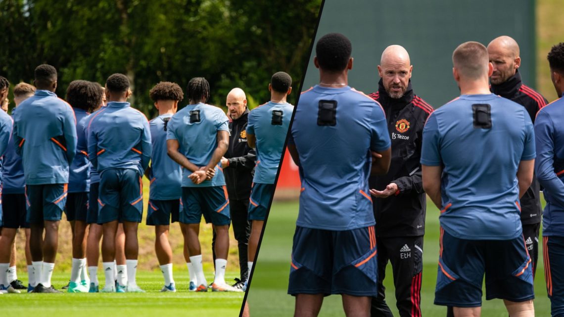 Former Manchester United manager Erik ten Hag, inset a photo of Manchester United players in training.