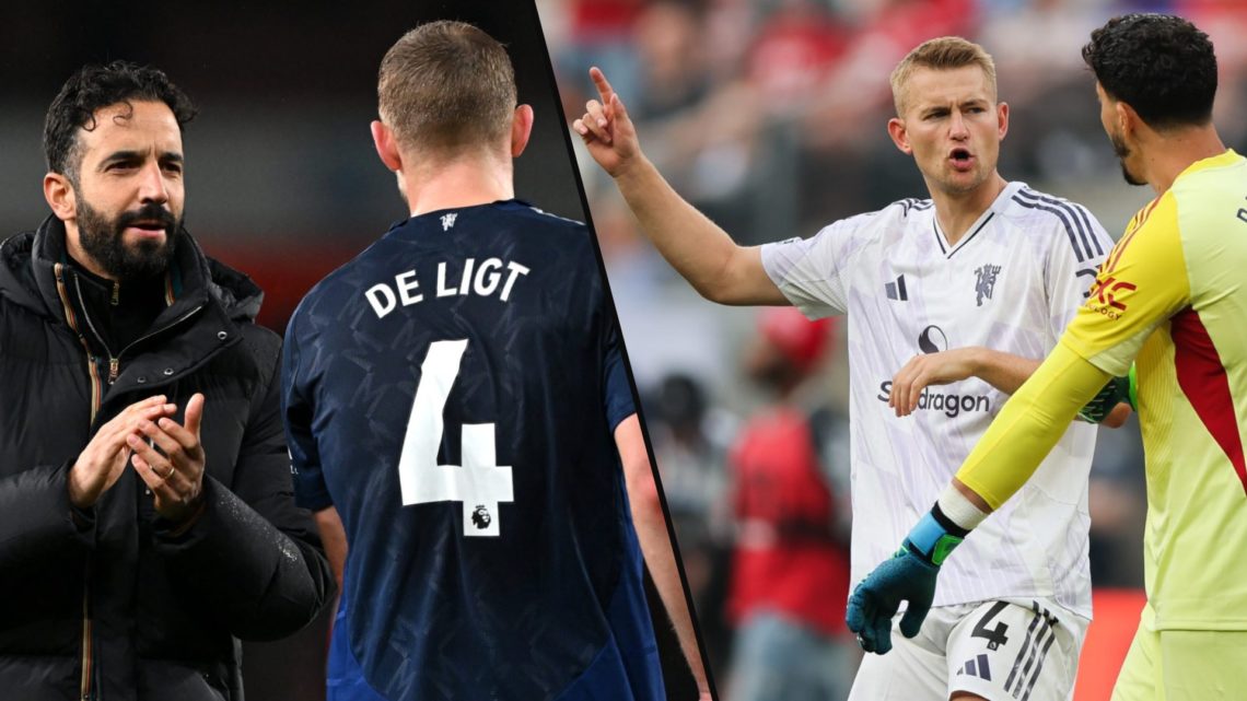 Manchester United defender Matthijs de Ligt and Altay Bayindir, inset a photo of Red Devils manager Ruben Amorim.