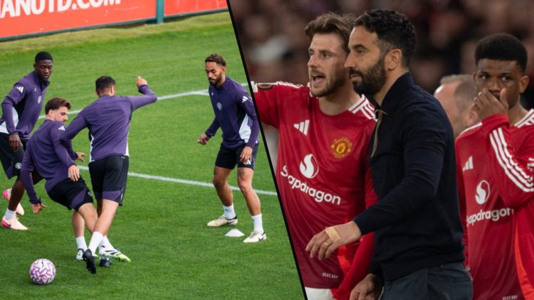 Manchester United manager Ruben Amorim and Mason Mount during a Europa League match, inset a photo of Manchester United players in training.