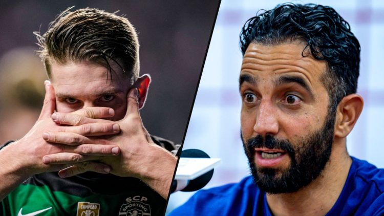 Sporting CP striker Viktor Gyokeres celebrates during a match, inset a photo of Manchester United manager Ruben Amorim.
