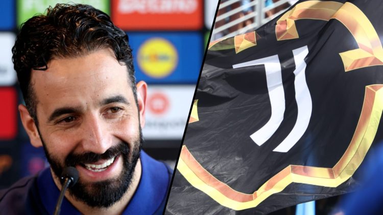 Manchester United manager Ruben Amorim at a Europa League press conference, inset a photo of a flag with the Juventus club crest.