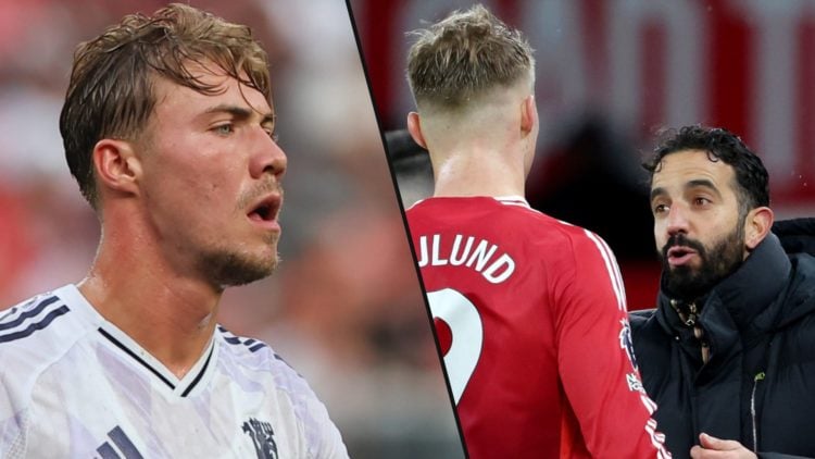 Rasmus Hojlund during the Premier League Summer Series match against West Ham, inset the Manchester United striker alongside Ruben Amorim.