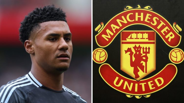 Split image, Ollie Watkins looking on with composed face in black Aston Villa kit and Manchester United logo.
