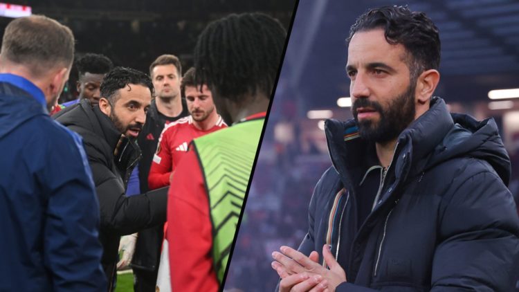 Ruben Amorim speaks to the team during a Europa League match, inset a photo of the Manchester United manager.
