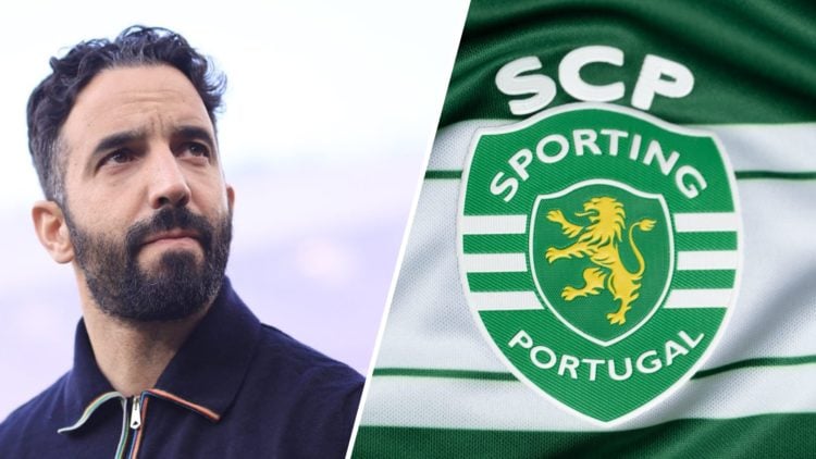 A split image of Manchester United boss Ruben Amorim (L) and the Sporting CP crest (R)