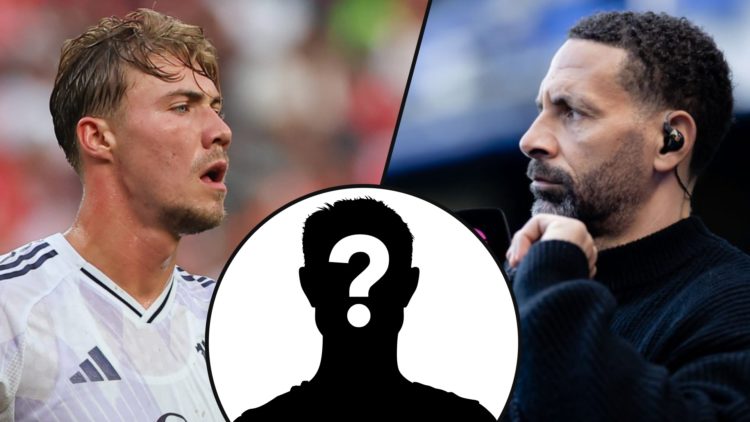 Manchester United striker Rasmus Hojlund vs West Ham United, inset a photo of former TNT Sports pundit Rio Ferdinand.