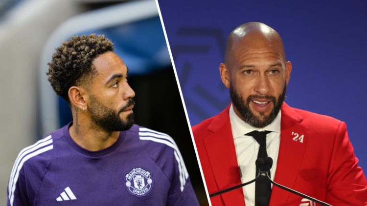 Split image, Matheus Cunha in Manchester United training top walking out of tunnel and Tim Howard in red suit jacket during MLS event.