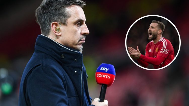 Sky Sports pundit Gary Neville holding a microphone, inset of Manchester United defender Luke Shaw.