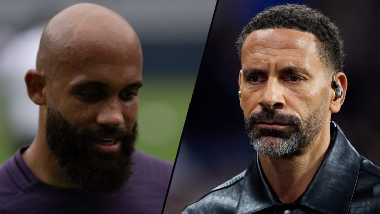 Former Brentford star Bryan Mbeumo in action during a first-team Manchester United training session, inset a photo of Rio Ferdinand.