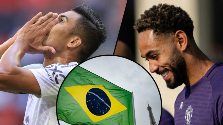 Bryan Mbeumo and Matheus Cunha for Manchester United, inset an image of Casemiro, inset an overlay of the Brazil flag.