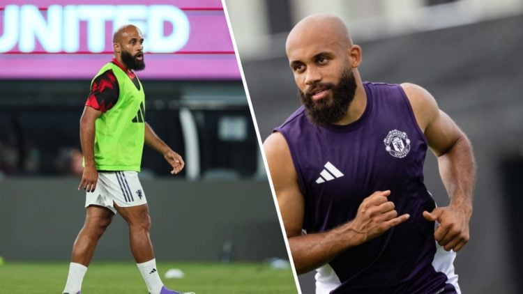 Split image of Manchester United forward Bryan Mbeumo training in pre-season.