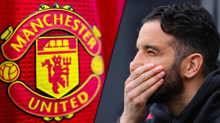Manchester United manager Ruben Amorim looks dejected during a Premier League match, inset a photo of the Manchester United shirt.