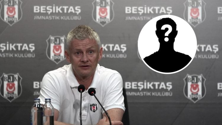 Besiktas manager Ole Gunnar Solskjaer speaks during a press conference. Inset, a mystery player icon