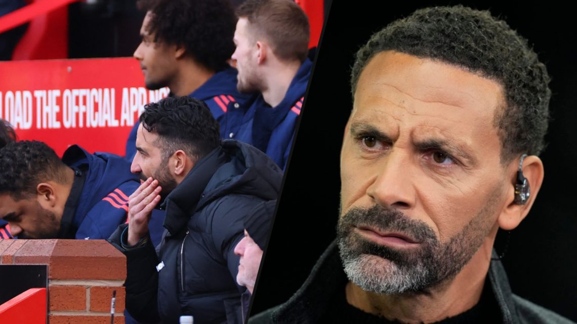 Former Manchester United and England player Rio Ferdinand during a Champions League match, inset a photo of Ruben Amorim.
