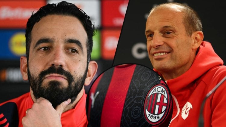 Manchester United manager Ruben Amorim, inset a photo of Massimiliano Allegri, inset an overlay of the AC Milan club crest.