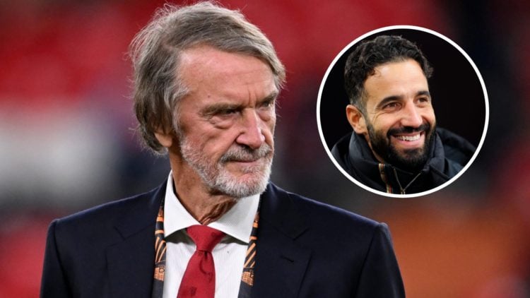 Manchester United co-owner Sir Jim Ratcliffe looks on, inset of head coach Ruben Amorim.