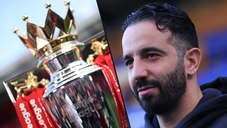 Manchester United manager Ruben Amorim looks ahead of a Premier League match, inset the Premier League trophy.