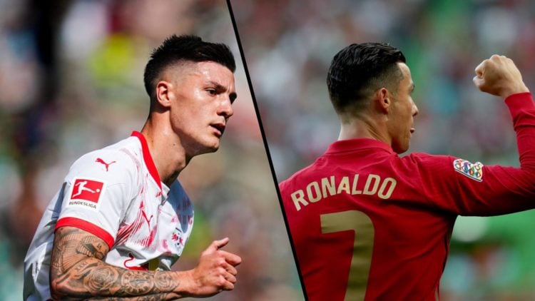 Split image, Benjamin Sesko running while in action for RB Leipzig and Cristiano Ronaldo celebrates for Portugal.