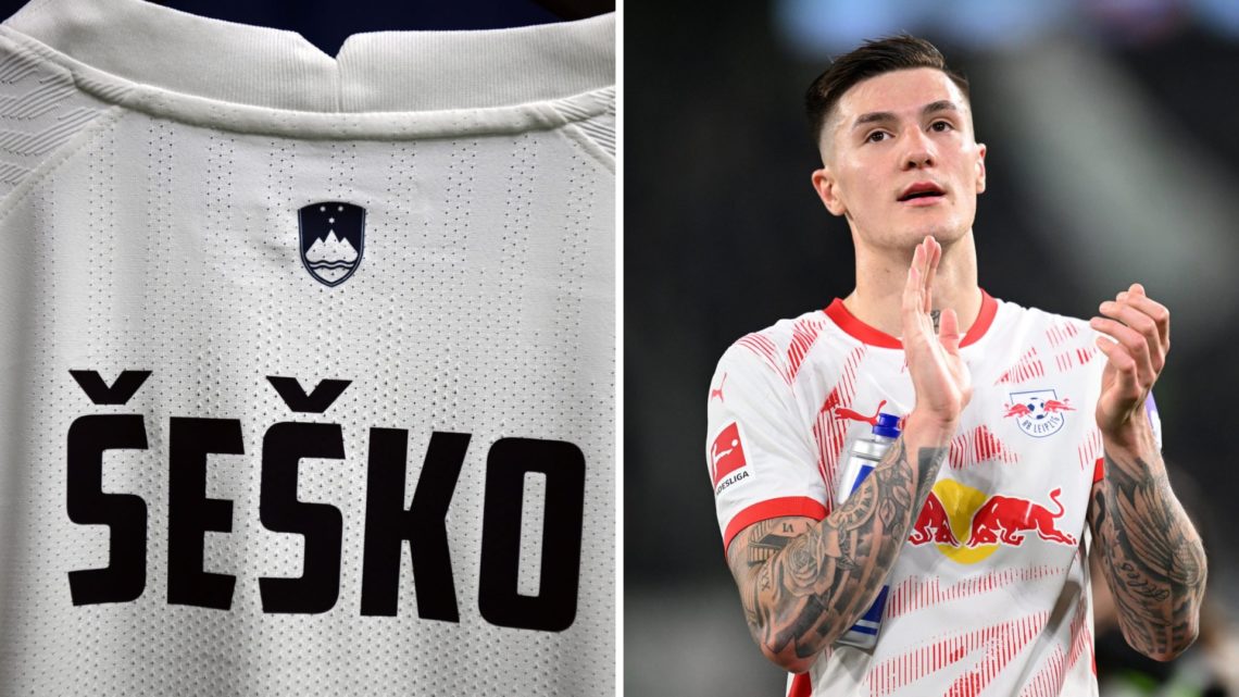 Back of Benjamin Sesko's Slovenia shirt, split image with Sesko applauding fans.