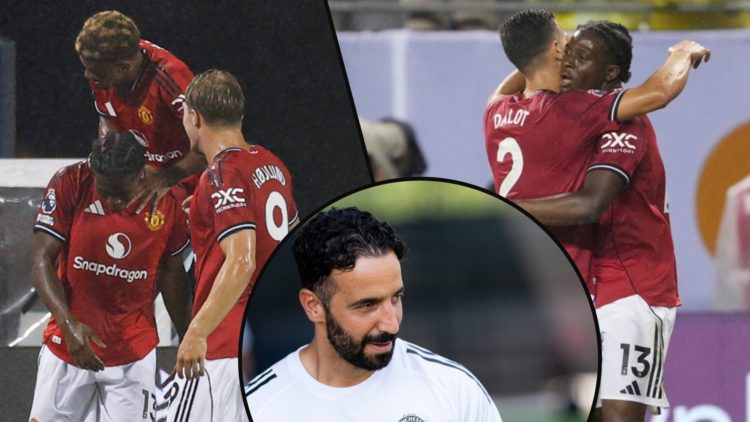 Manchester United defender Patrick Dorgu vs Bournemouth, inset a photo of the Denmark international, inset an overlay of Ruben Amorim.