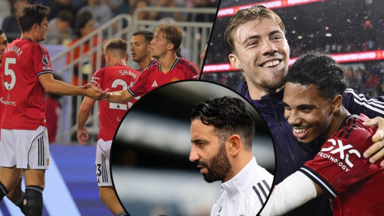 Rasmus Hojlund in the Premier League Summer Series match vs Bournemouth, inset the Manchester United striker, inset an overlay of Ruben Amorim.