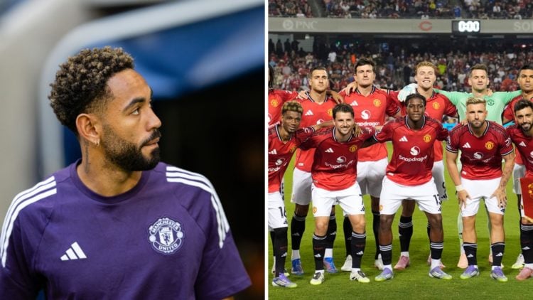 Split image of Manchester United forward Matheus Cunha and pre-season line-up vs Bournemouth.