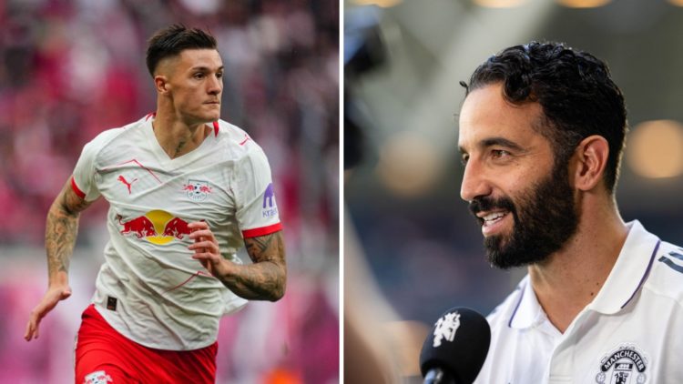 Split image of RB Leipzig striker Benjamin Sesko and Manchester United head coach Ruben Amorim.