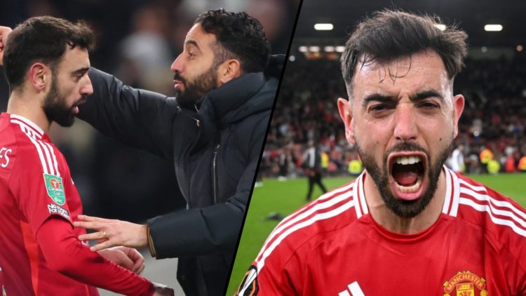 Bruno Fernandes celebrates in the Europa League, inset a photo of the Manchester United captain with manager Ruben Amorim.