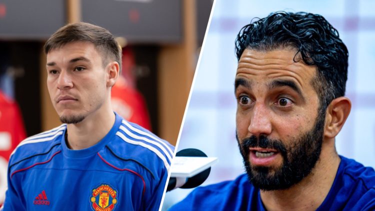 Split image. Manuel Ugarte in blue Manchester United shirt in dressing room and Ruben Amorim surprised during press conference.