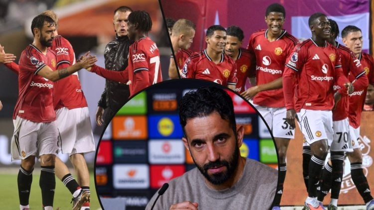 Bruno Fernandes and Diogo Dalot leave the pitch vs Bournemouth, inset Manchester United players, inset an overlay of Ruben Amorim.