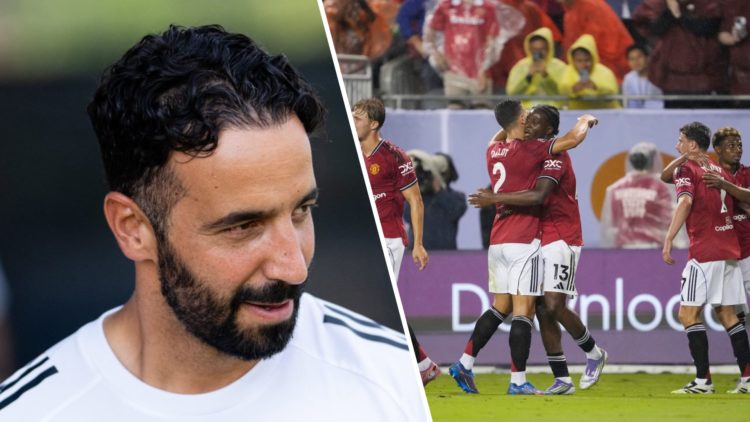 Split image, Ruben Amorim looking to the left in Manchester United training top and Patrick Dorgu celebrates scoring with Diogo Dalot.