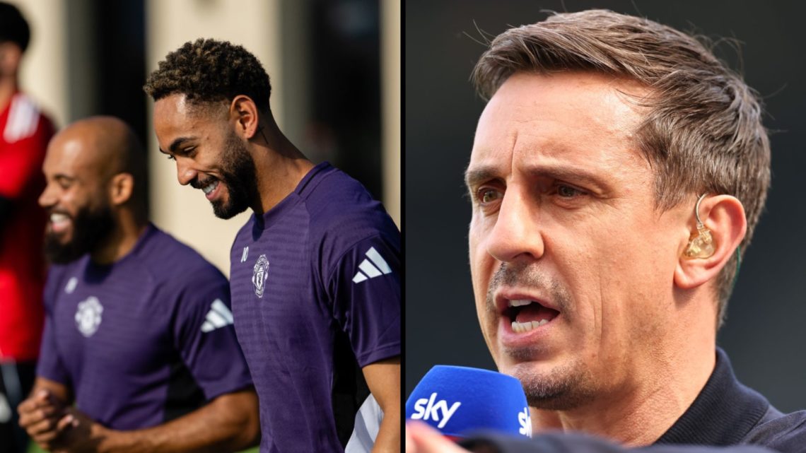 Split image, Bryan Mbeumo and Matheus Cunha during Manchester United training and Gary Neville speaking into microphone.