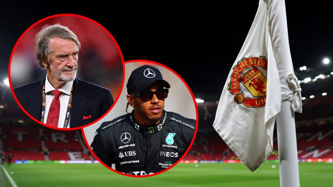 Old Trafford, and Sir Jim Ratcliffe and Lewis Hamilton inset