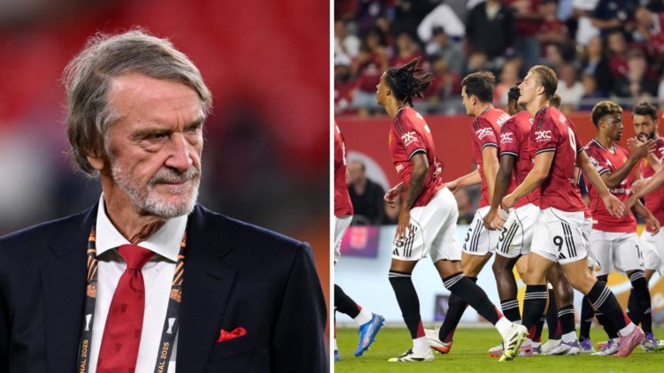 Manchester United co-owner Sir Jim Ratcliffe split image with players celebrating in pre-season.