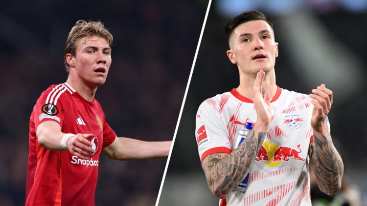 A split image of Manchester United striker Rasmus Hojlund (L) and RB Leipzig striker Benjamin Sesko (R)