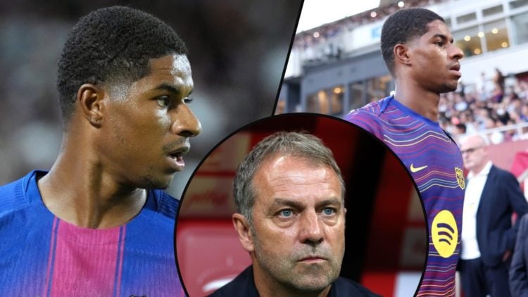 Manchester United loanee Marcus Rashford, inset an image of the Barcelona player, inset an overlay of manager Hansi Flick.