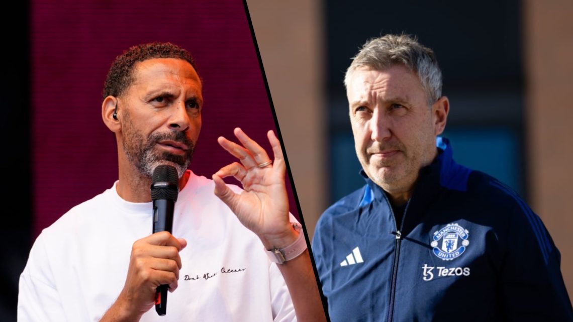 Split image, Rio Ferdinand speaks into microphone and Jason Wilcox wearing Manchester United training jacket.