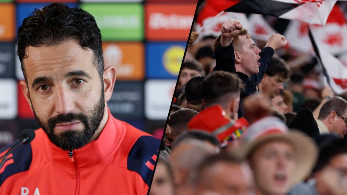 Manchester United fans at the Europa League final between Tottenham and Manchester United, inset a photo of Ruben Amorim.